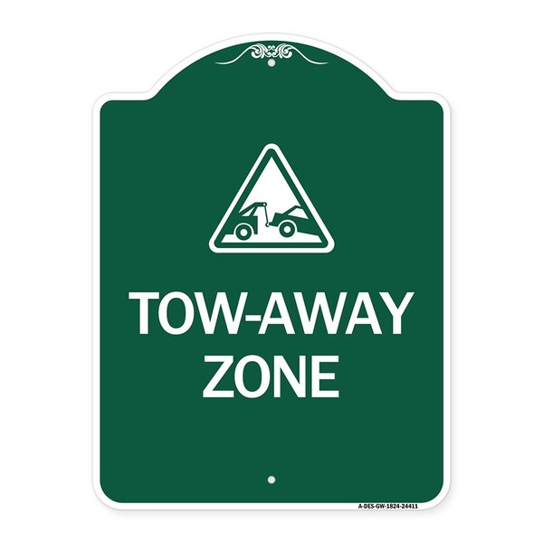 Designer Series Tow-Away Zone W/ Graphic, Green & White Aluminum Sign, 18" x 24", GW-1824-24411
